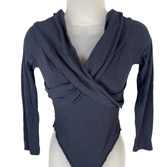 Max Mara Twist Front Long Sleeve Bodysuit | Navy Blue | Size Small - Picture 2 of 4